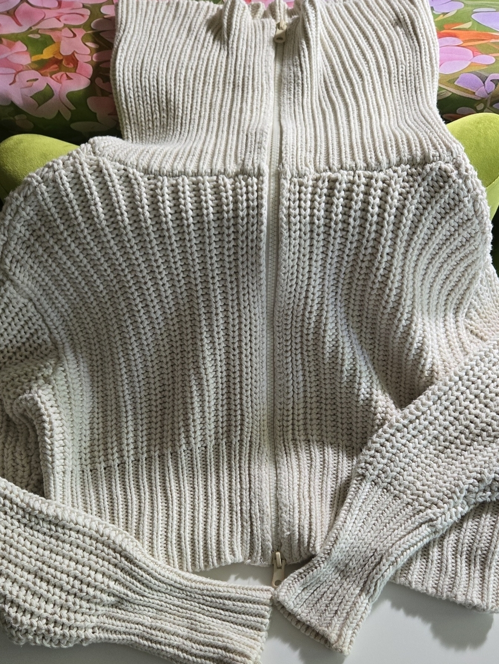 Cream Ribbed Zip-Front Women’s Sweater